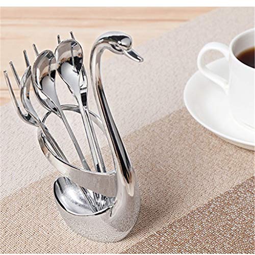 MIS1950s Stainless Steel Dinnerware Set & Fruit Fork Set & Dessert Flatware Set, Decorative Swan Base Holder with 3 Forks and 3 Spoons for Dining Room (Silver) - Thumbnail 6