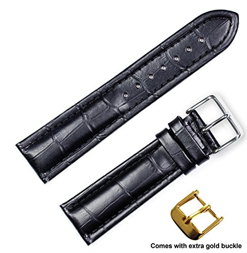 deBeer brand Breitling Style Matte Alligator Grain Watch Band (Silver & Gold Buckle) - Black 18mm