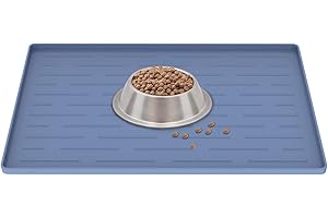 ULTIBE Dog Food Mat, Silicone Dog Mat for Food and Water, 16" x 10" Large Dog Feeding Mat, Waterproof Dog Cat Bowl Mat with Edges to Prevent Water Food Spills, Nonslip Pet Food Mats for Floors, Lake Blue
