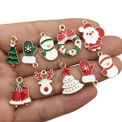 Youdiyla 60pcs Christmas Charms Collection, Colors Enamel Mix Christmas Santa Claus Snowflake Trees Reindeer Deer Snowman Bells Stocking Socks Metal Pendant Supplies Findings for Jewelry Making HM346