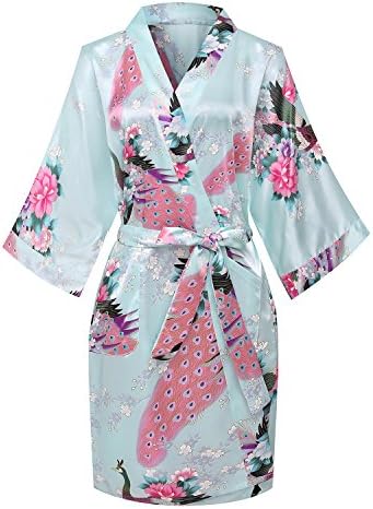 expressbuynow Womens Peacock Short Bridal Kimono Robe Satin Bridesmaid Dressing Gown Sleepwear
