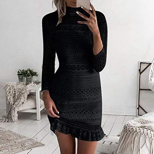 New in Respctful ♫♫Women's Floral Lace Crochet Hollow Out Long Sleeve Summer Bodycon Pencil Cocktail Party Mini Dress Black - Thumbnail 2