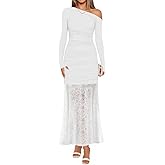 ZESICA Women's Long Sleeve Off Shoulder Bodycon Dresses Fall 2026 Ruched Lace Wedding Guest Cocktail Formal Maxi Dress