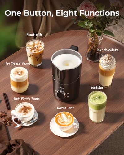 Milk Frother Electric - 8 in 1 Milk Steamer, 400 ml Automatic Hot and Cold Foam Maker for Lattes, Cappuccinos, Hot Chocolates and Oat Milk/Almond Milk, Auto Shut Off, Dishwasher Safe, Black