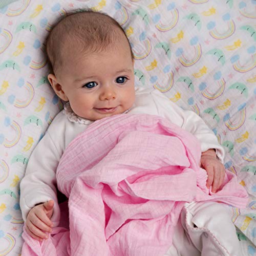 Baby Muslin Swaddle Blankets with Matching Dribble Bibs | Premium Cotton Swaddle Blanket | Set of 4 | Large 47 x 47 inches | Cute Unicorn/Rainbow Designs by Little Tinkers World