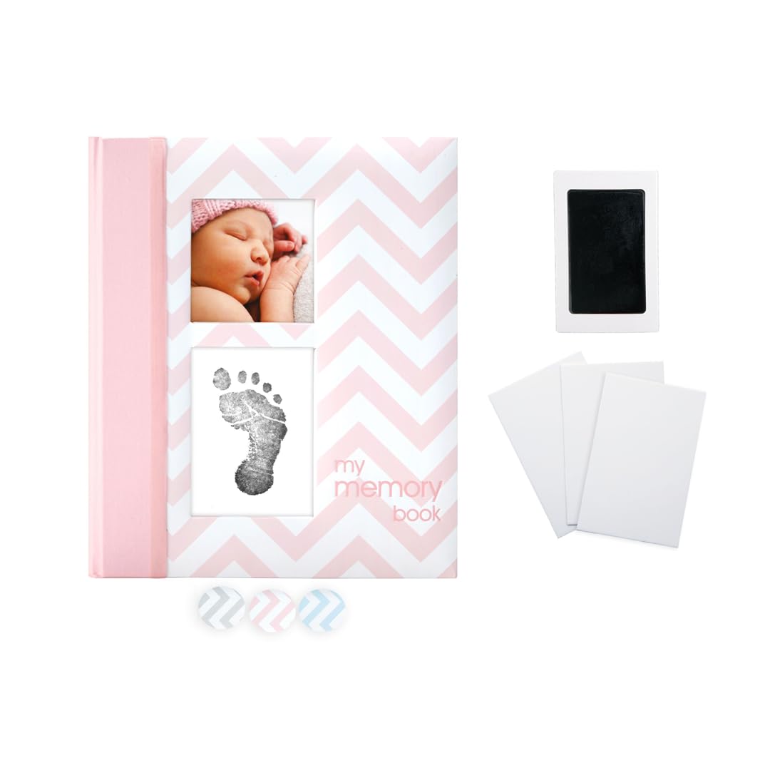 Pearhead First 5 Years Chevron Baby Memory Book with Clean-Touch Safe Ink Pad for Handprint or Footprint, Girl Keepsake Book, Imprint Kit Included, Pink, UK English Version