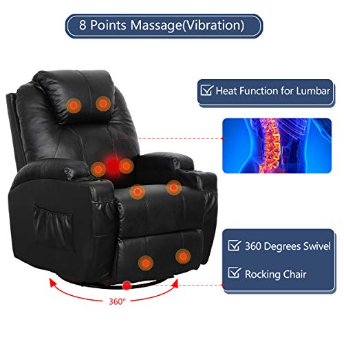 Esright Massage Recliner Chair Heated PU Leather Ergonomic Lounge 360 Degree Swivel (Black