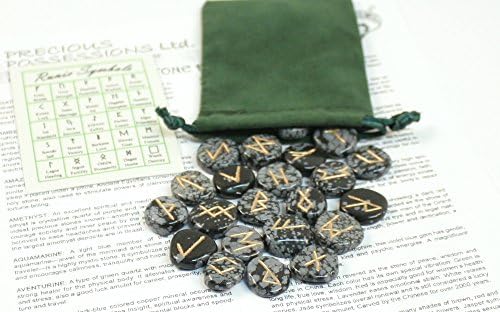 Snowflake Obsidian Rune Stones with Pouch (Green Bag)