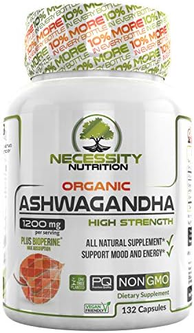Organic Ashwagandha Root Powder 1200 mg - 132 Capsules w/Bioperine - Premium Supplement for Stress & Anxiety Relief, Adrenal & Thyroid Support, Boost Metabolism, Increase Energy, Immune Support