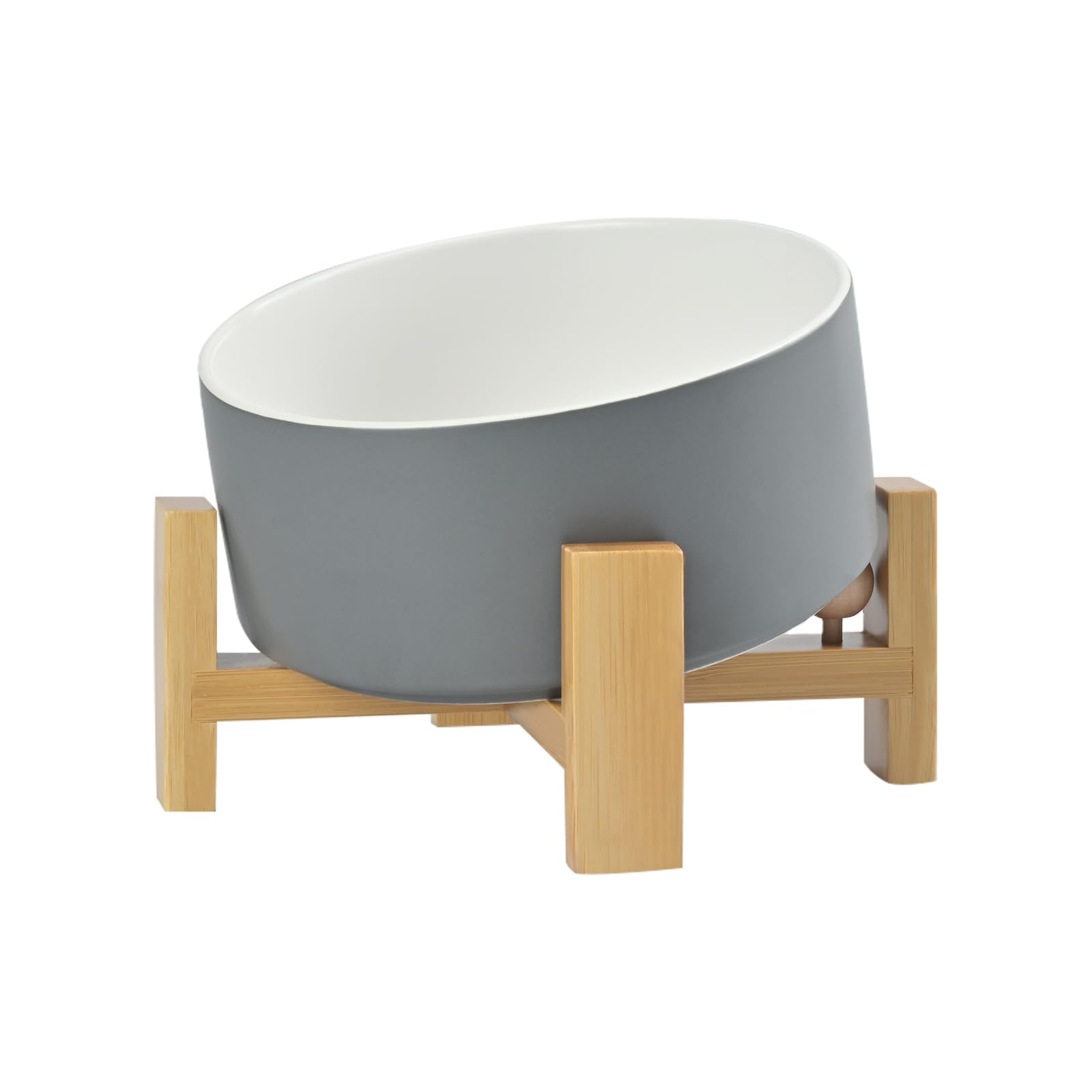 Photo 1 of SPUNKYJUNKY 15° Slanted Ceramic Dog and Cat Bowl with Wooden Stand, Tilted Bulldog Food and Water Bowl No Slip Non-Spill for Cats Medium Dogs Big Face Pets 28.7 OZ (3.6 Cups, White-Grey)