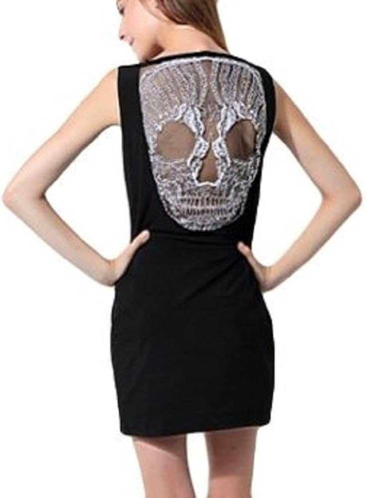 Ladies Dress Back Lace Skull Dress Women Party Dress Black