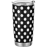 Yasala Tumbler Polka Dot Black White Insulated Coffee Cup Beverage Container Travel Mug with Straw and Lid Double Wall Stainless Steel 20oz BPA-Free for Sport, Back to School