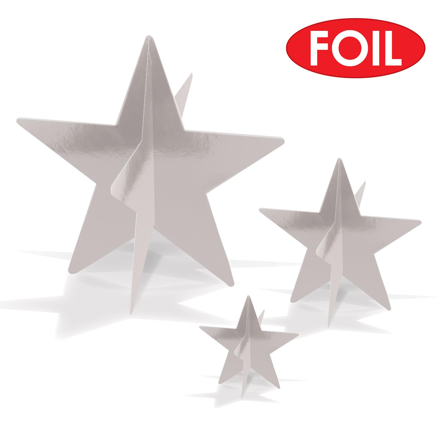 Beistle 3-D Foil Silver Star Centerpieces in 3 Sizes, Set of 9 - Space Themed, Awards Night Table Decor, Classroom Parties