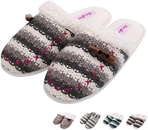 Women Warm Knit Wool Slippers Soft Plush Fleece Leather House Slippers Slip On Memory Foam Clog Home Indoor Slippers