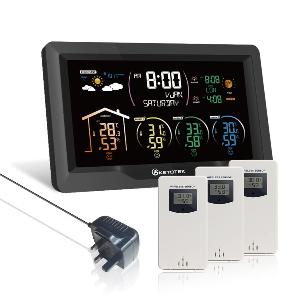 KETOTEK Wireless Radio Weather Station with 3 Outdoor Sensors Indoor Outdoor VA LCD Digital Thermometer Hygrometer Barometer with MSF,Alarm Clock,Weather Forecast,Moon Phase,Sunrise and Sunset Time