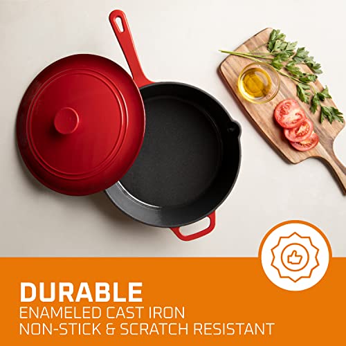 Bruntmor 5 Qt Red Enamel Cast Iron Sauté Pan With Lid, 5 Quart Oven