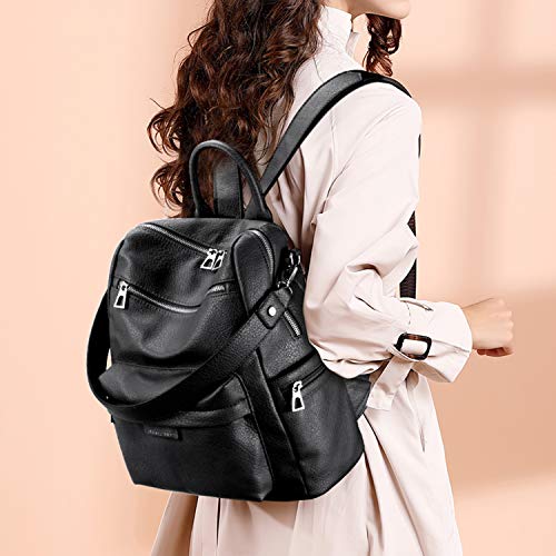 LSW Backpack for Women Fashion Leather Backpack, Large Capacity Travel Leather Backpack,Vintage Leather Bookbag (Black)