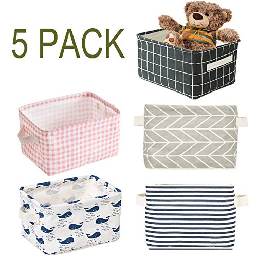 Foldable Storage Bin Basket,Foldable Fabric Storage Receive Basket with Handle Cotton Linen Blend Storage Bins for Makeup, Book, Baby Toy, 7.8 x 6.1 x 5.1 Inch (5 Count)
