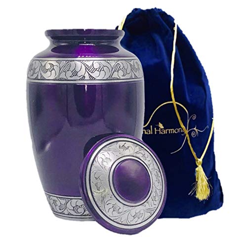 Eternal Harmony Memorial Cremation Urn for Human Ashes | Carefully Handcrafted with Elegant Finishes to Honor and Remember Your Loved One | Adult Large Size with Beautiful Velvet Bag (Purple Silver)