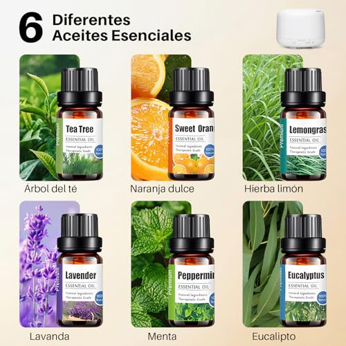 Salandens Difusor de Aceites Esenciales 500ML, Difusor de Aromas con 6 Aceites Esenciales, Humidificador de Aire con 7 Colores de Luz Led, 2 Niveles De Niebla y Control Remoto, para Casa y Oficina