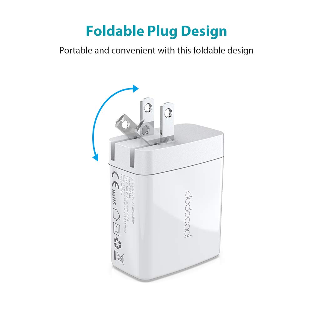 USB Wall Charger, dodocool 2-Port 4.8A Charger Adapter with Quick Charge 3.0 and Charge Protection, Foldable Plug Compatible for iPhone, Samsung, Huawei, Kindle, MP3, Speaker and More(Upgrade Model)