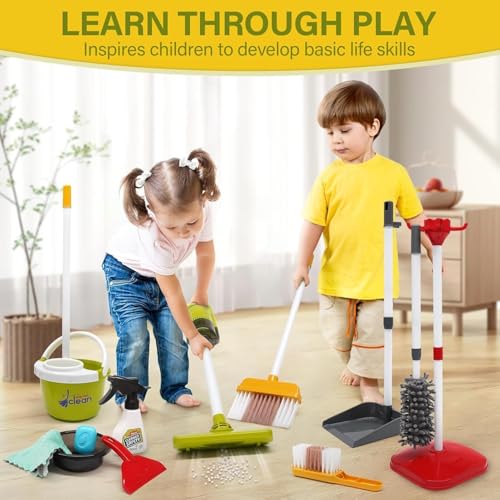 Kids Cleaning Toy Set, 14Pcs Pretend Play Home Cleaning Playset - Incl. 2-in-1 Electric Toy Vacuum, Broom and Dustpan Set, Mop,Duster and More, Sweep Play Toys for Boys Girls (Red)