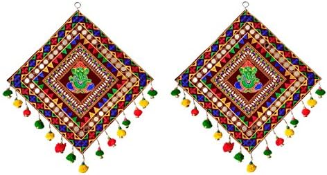 SHREE EXIM Fabric Traditional Door Hanging Sankala with Mirror Embroidered (36x36 cm, Multicolour) - Set of 2 Pieces
