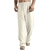 GKZA Men's Casual Linen Pants Elastic Waist Drawstring Lightweight Beach Summer Pants Straight-Legs Loose Trousers