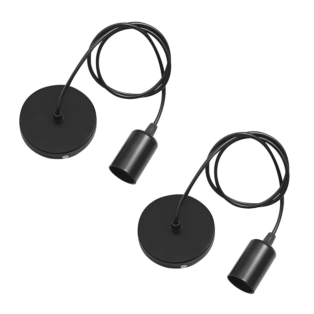 Geluode 2 Pack Metal E27 Lamp Holder,Pendant Light Ceiling Lighting Suspended Hanging Light Fitting Cable Plug for Ceiling Lamps(Black,1M)