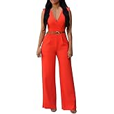 Pink Queen Jumpsuits for Women Dressy V Neck Sleeveless Wide Leg Long Pant Rompers Business Casual Outfits