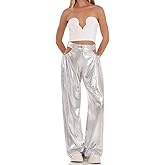 Yqisier Women Metallic High Waist Wide Leg Pants Hollow Out Hip Hop Trousers Sweatpant
