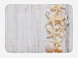 Ambesonne Seashells Bath Mat, Seashells and Starfish with Navy Rope in Vertical Direction Wood Surface Ocean Beach, Plush Bathroom Decor Mat with Non Slip Backing, 29.5" X 17.5", Ivory