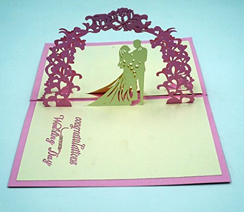 SUNREEK8482; Papercraft Handmade 3D Pop Up Wedding Invitation Cards (Wedding Garland) -Envelopes Included (Pink)