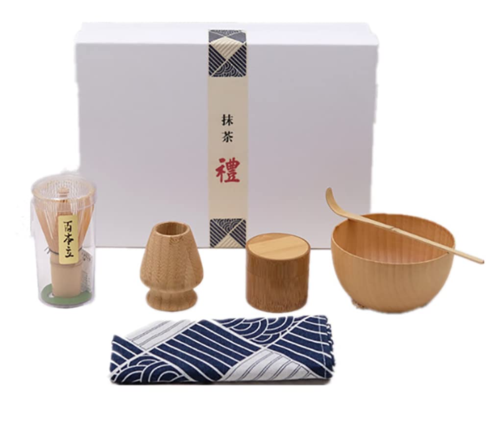 ANCLLO 5 Piece Japanese Matcha Tea Set,Whisk/Bowl/Holder/Bamboo Spoon/Bamboo matcha cans for Traditional Japanese Tea Ceremony