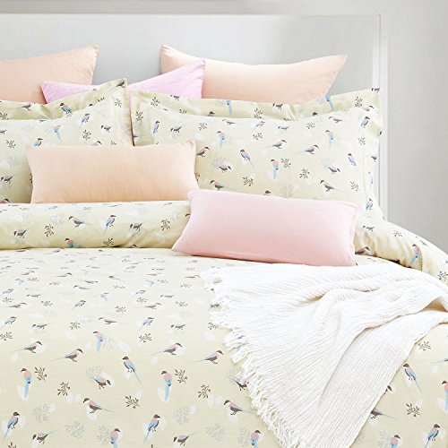 Birds Duvet Cover Set, 100% Cotton Bedding, Bird Pattern Printed on Ivory Cream Light Yellow, with Zipper Closure (3pcs, Queen Size) - Thumbnail 6