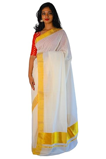 Women's Handloom Plain 5 Inch Kasavu Saree (SVKPHL-8494, Cream)
