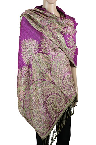 Achillea Luxurious Big Paisley Jacquard Layered Woven Pashmina Shawl Wrap Scarf Stole (Dark Magenta)