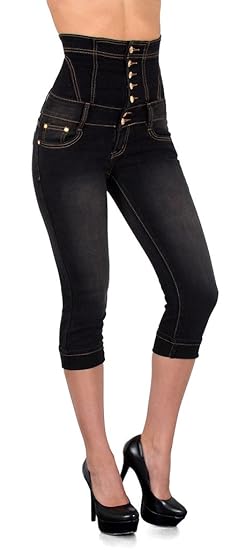 ESRA Damen Jeans High Waist Capri Hose Skinny Damen Kurze Jeans Hose Hochbund Capri bis Übergröße J350