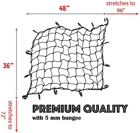 Large Bungee Cord Net 48" x 36", 4ft x 3ft Elastic Cargo Net Heavy Duty Auto Roof Tie-Down Net with 18 Big Removable Hooks Stretches to 96" x 72"