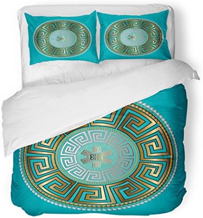 SanChic Duvet Cover Set Ancient Round Gold Meander Pattern Blue Antique Mandala Decorative Bedding Set with 2 Pillow Cases King Size