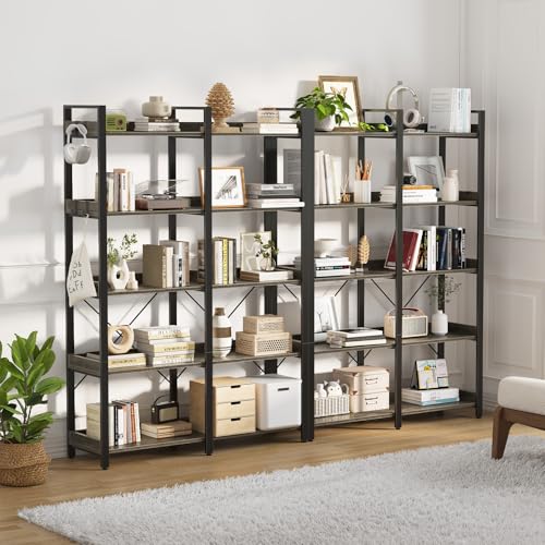 Seventable 5 Tier Large Bookshelf, 63" Tall Industrial Bookcase with 4 Hooks, Wooden Bookcase for Home Office Living Room, 43.3” Wide Standing Storage Shelf with Open Shelves, Grey