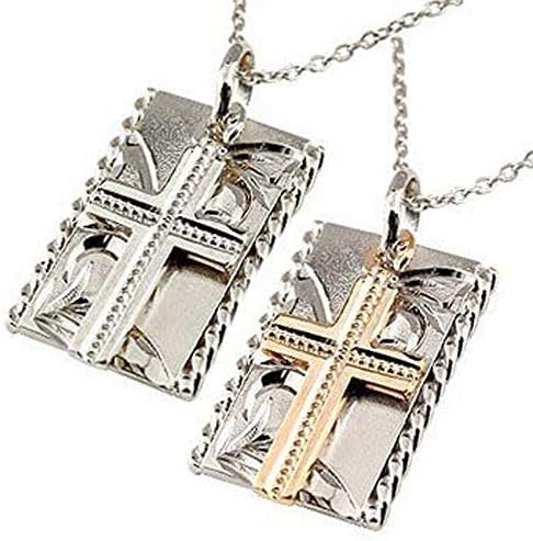 ネックレス メンズ ペアpt900 プラチナ900 ピンクゴールドk18 コンビ クロス プレート ミル打ち ハワイアンジュエリー ペンダント つや消し 18金アズキチェーン Pt850アズキチェーン