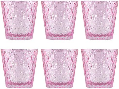 Set of Six Pink Mercury Glass Votive Candle Holders