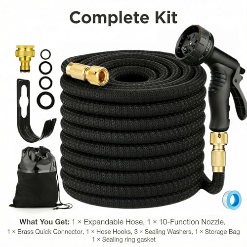 Expandable Garden Hose, Upgraded 3-Layer Natural Latex No-Kink Flexible Water Hose with 10-Pattern Spray Nozzle, Solid Brass Connectors – for Garden Watering, Car Wash, Pet Bathing (100ft)