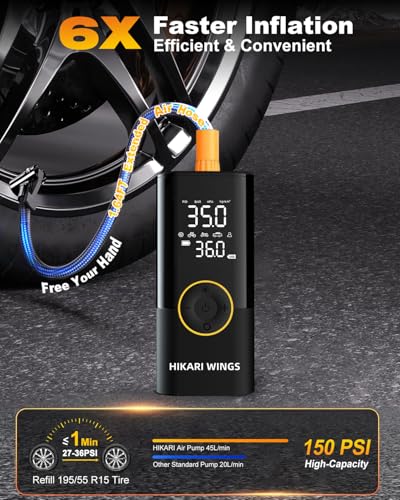 Hikari 6X Faster Portable Tire Inflator, 1 MIN to Full, 20000mAh Battery, 150PSI Cordless Air Compressor Pump with Digital Pressure Gauge, Extended Hose, LED Light for Car Bike Motorcycle Balls