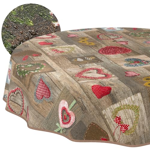 ANRO Washable Tablecloth Hearts Round 140 cm - Water Resistant Indoor Outdoor Lotus Effect with Hem