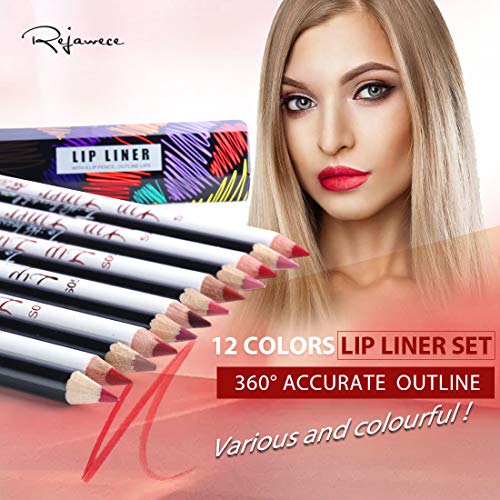 Lip Liner Filler Pencil set by Rejawece, Matte Waterproof Sweat-Proof Lipliner Pen Set with 12 Colors|Color Enhancer, Plumper Pencil |Define Lips for a Fuller Look Perfect
