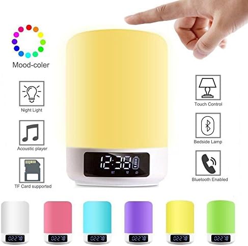 Bedside Lamps - ALECTIDE Bluetooth Speakers, Table Lamp Touch Sensor Dimmable Colors Night Lights 4 Level Brightness Changing, Alarm Clock, Hands-free, Timing Function Best Gifts for Baby Kids Teens