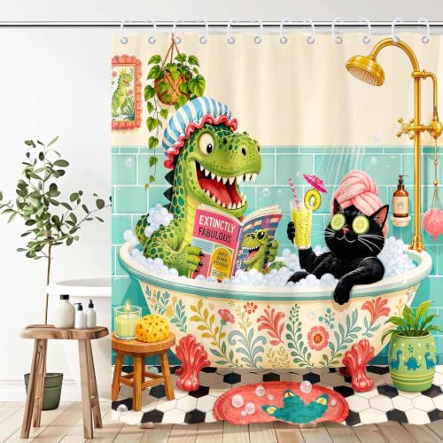 Boziqr Funny Cat Dinosaur Shower Curtain,Cute Animal Spa Bathroom Decor at Amazon