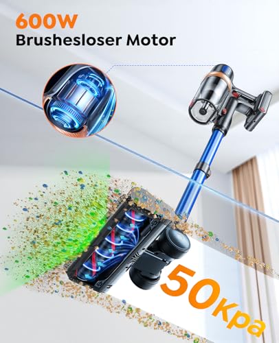 Battery Vacuum Cleaner 600 W/50 KPA/65 Min, Self-Standing Vacuum Cleaner Wireless with Mattress Cleaning Brush, Automatic Mode, Wall Charging Station, Fragrance Function, Multistage Filtration for Carpets/Hard Floors/Car